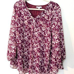 Marybelle Women's Burgundy & Ivory Floral Print 3/4 Sleeve Blouse. Size 2X